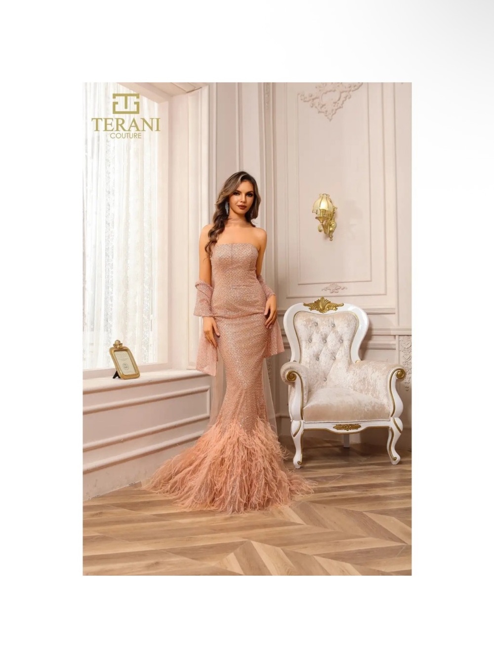 Terani Couture Strapless Beaded Mermaid Gown with Feather Hem in Peach